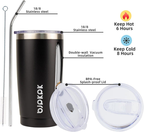 20 oz BJPKPK Tumbler with Lid and Straw Insulated Travel Coffee Mug Reusable Stainless Steel Thermal Cups,Black