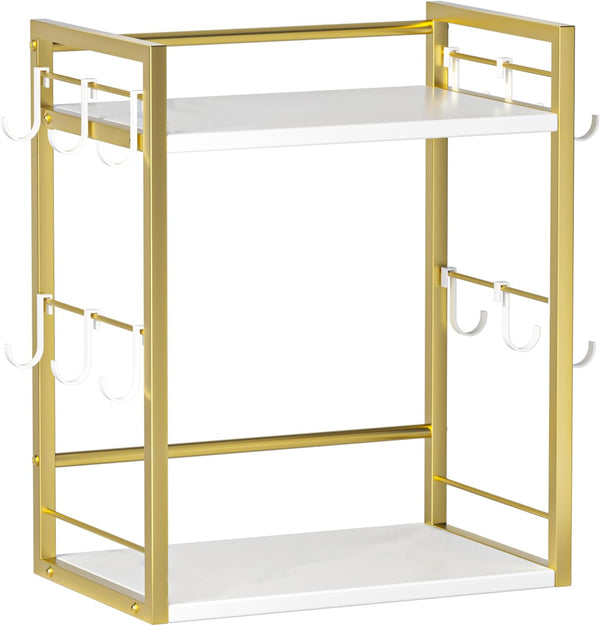 Dorhors 2 Tier Coffee Bar Accessories and Organizer,Multi-functional Mug Holder with 12 Hooks,Wood