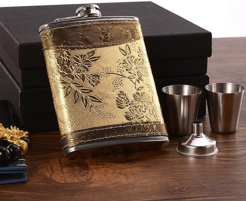 Golden Pattern 8 Oz Gift, 100% Stainless Steel Flask (304/18-8 SS), Bonus 2 Shot Glass + 1 Funnel + 1 Giftbox