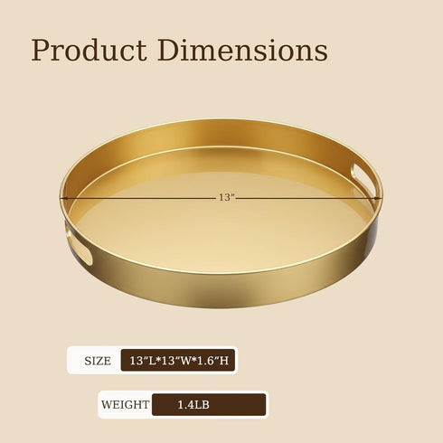 13" Spsyrine Round Gold Decorative Tray, Plastic Serving Table Tray with Handles for Ottoman, Coffee Table, Bathroom
