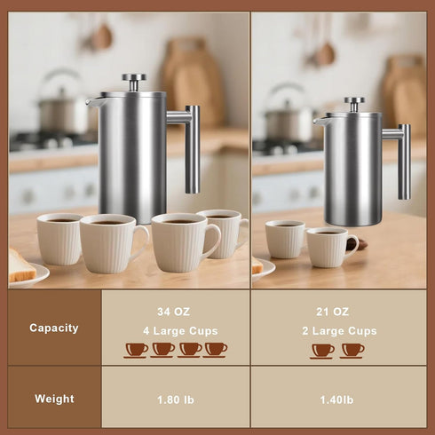 AgcKuzt 34 oz, 4 2 French Press Full Stainless Steel French Press Coffee Maker Cups, Upgrated Double-Walled Insulated