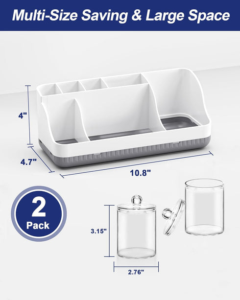 Homtalker Counter 2 Pack 7 Countertop Bathroom Organizer and Storage with Qtip Holder Dispenser, Slots Detachable
