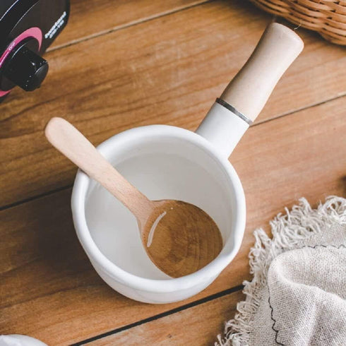 YumCute Home 4 Inch 17 Oz Enamel Milk Pot, Small Saucepan Butter Warmer with Wooden Handle for Heating Smaller Liquid