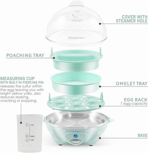 Elite Gourmet Electric Egg Cooker: 7 Egg Capacity Soft, Medium, Hard-Boiled Poacher with Auto Shut-Off and Buzzer