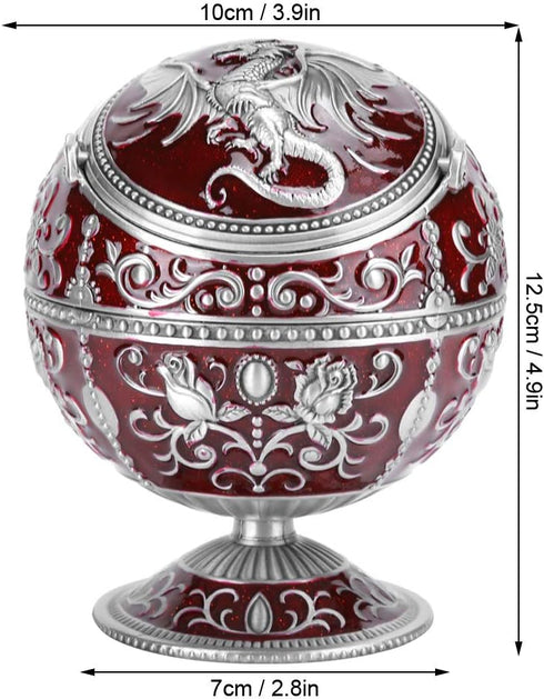Vintage Windproof Ashtray with Lid, Metal Ball Cigarette Tabletop Ashtray in Wine Red Globe Fly Dragon Shape
