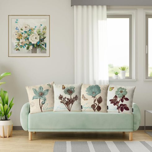 YeeJu Set of 4 Cotton Linen Floral Decorative Throw Pillow Covers 20x20 Inch for Home Decor