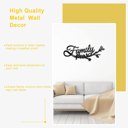 Family Wall Decor Metal Sign, Cursive Word Black Iron Home Art for Rustic Kitchen Decoration