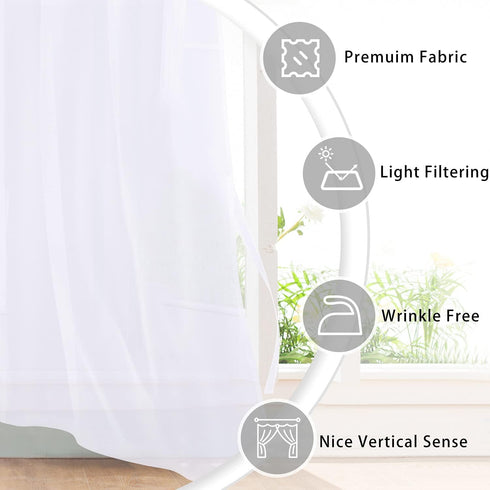 Hiasan White Sheer Curtains, 84 Inches Long with Tiebacks, Lightweight Voile Grommet Window Curtains, Set of 2 Panels