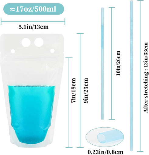 44 17oz Drink Pouches with Straws Individually-Wrapped - Juice Drink Pouches Adults Alcohol Clear Plastic Halloween