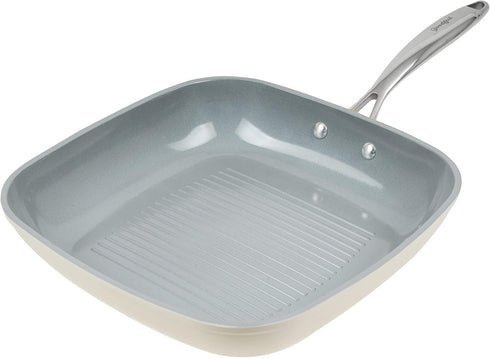 Goodful Ceramic Nonstick 11 Inch Grill Pan, Dishwasher Safe, Comfort Grip Stainless Steel Handle, Cream
