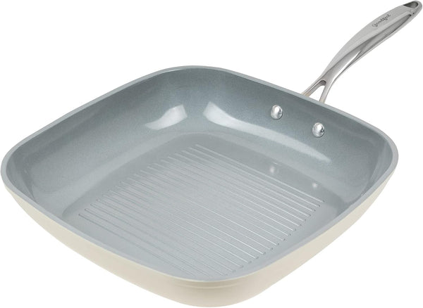 Goodful Ceramic Nonstick 11 Inch Grill Pan, Dishwasher Safe, Comfort Grip Stainless Steel Handle, Cream