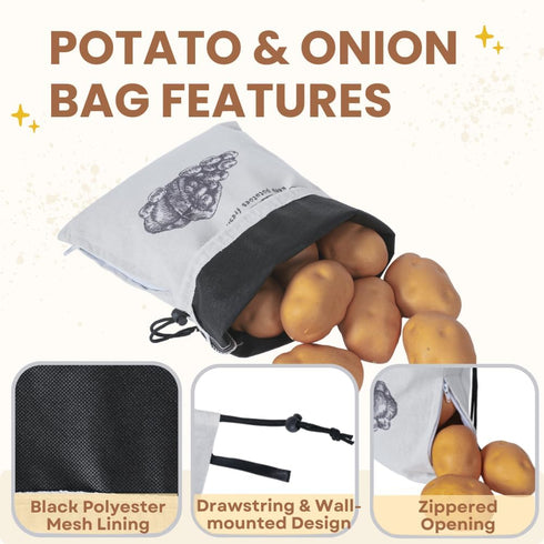 Potato Onion Garlic Storage Bag, Reusable Vegetable Storage Bags with Drawstring Closure, 3 Packs (Potato Onion Garlic