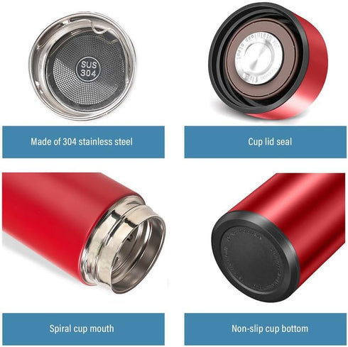 Smart Water Bottle, Stainless Steel Vacuum Flask Travel Mug with LCD Touch Screen, Insulated for Hot or Cold, Red