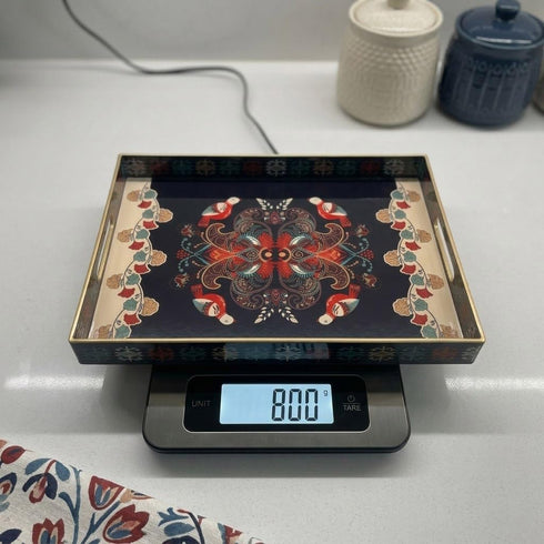 MaAixHom 15.8" 11.8" x Black Plastic Serving Tray with Handles, Bohemian Folk Art Bird & Mandala Pattern with Gold