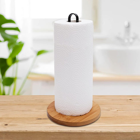 Black Wood Paper Towel Holder, Free-Standing Countertop Kitchen Towel Holder with Non-Slip Base