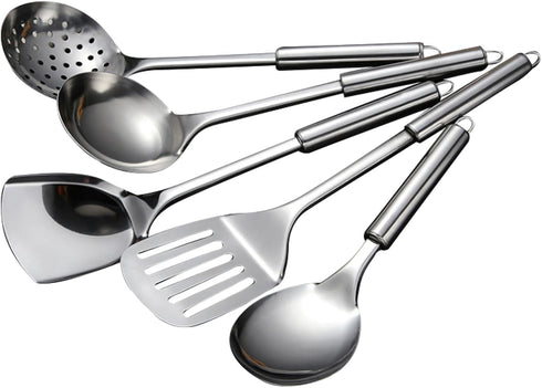 5 PCS Cooking Utensils Set, Stainless Steel Kitchen Gadgets, Includes Slotted Spoon, Slotted Spatula, Large Spoon, Soup