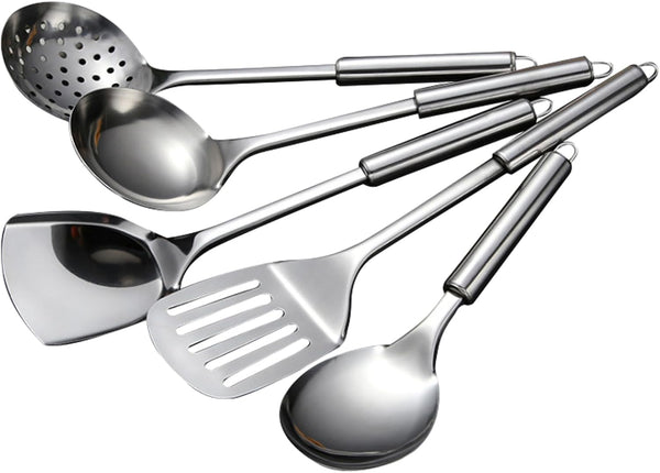 5 PCS Cooking Utensils Set, Stainless Steel Kitchen Gadgets, Includes Slotted Spoon, Slotted Spatula, Large Spoon, Soup