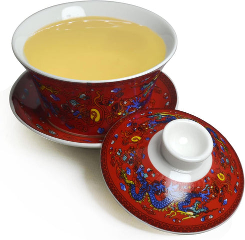 Gaiwan Teacup 7oz Chinese Dragon Sancai Cover Bowl Lip Saucer Set for Gongfu Tea, Red
