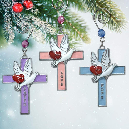Faith Hope Love Cross Christmas Ornaments, Set of 3 Religious Crosses with Doves, Hearts, Inspirational Xmas Gift