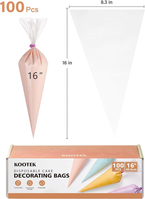 Kootek 16" Piping Bags (100Pcs), Disposable Pastry Bags Anti Burst Icing Frosting Bag Thick Cake Decorating Bags for Cookie, Cupcake, Candy, Baking Supplies Tools