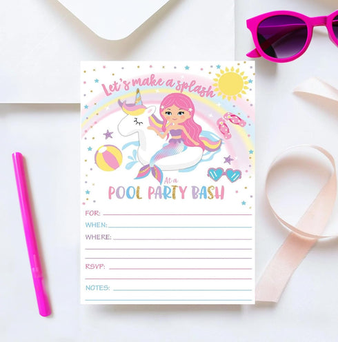 Your Main Event Prints Mermaid Unicorn Pool Party Birthday Invitations - 20 Fill-In Invites for Summer Pool Party Bash