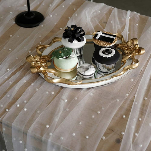 Table Runner for Wedding Arch Decorations - Bridal Shower Decor Fabric with Embroidered Sheer White Tablecloth for