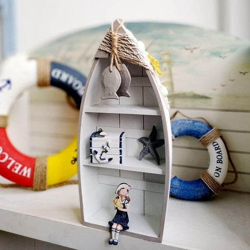16.5" Linfevisi Wood Boat Shelf Decor Beach Theme Standing Boat Shelf Wooden Boat Decor Boat Book Shelf Nautical Decor