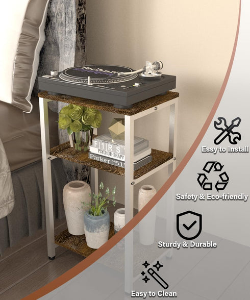 Tigerden 3 Tier Side Table, Heavy Duty End Table with Shelves, Narrow Nightstand Table for Small Spaces, Record Player