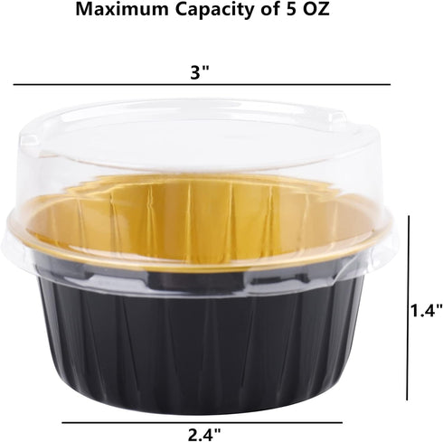 DEAYOU 100 Pieces Baking Cups with Lids, 3" Cupcake Tin Pan Holder for Pudding, Souffle, Party, Wedding, Black Gold Color