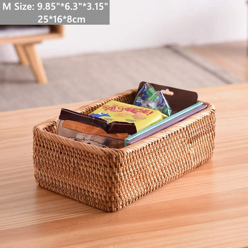 Handmade Rectangle Wicker Fruit Box - Rattan Tray Magazine Organizer and Small Objects Container