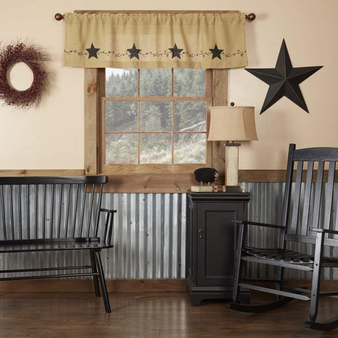 Pine Valley Quilts Country Primitive Burlap Valance Curtain, Star and Pip Design, 16x90