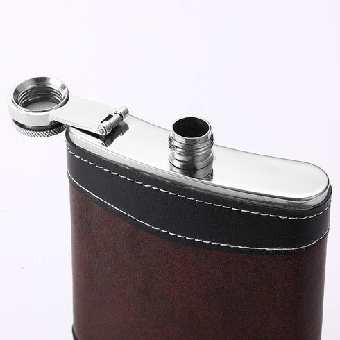 Premium 1 Pack 8 Oz Hip Flask for Liquor, Soft Touch Leather Wrap with Funnel, Leak Proof Stainless Steel