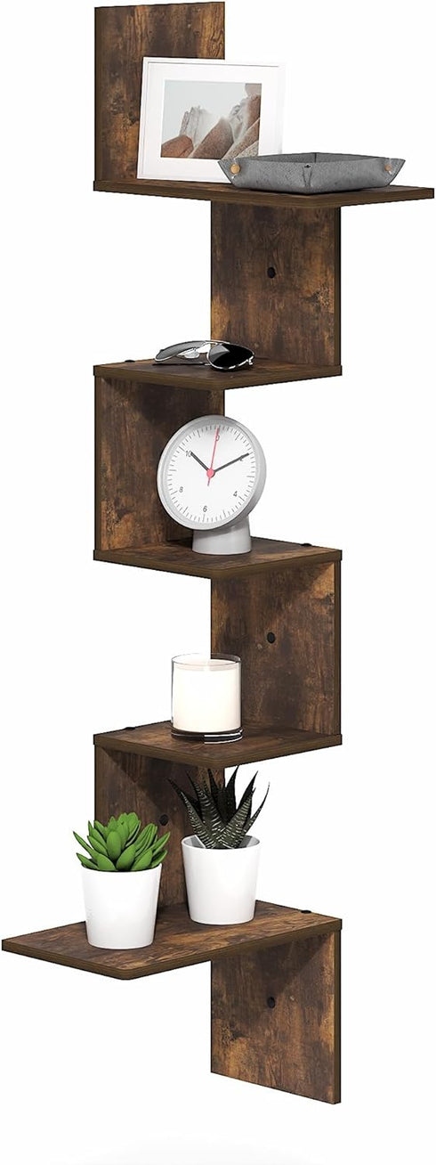 Furinno Rossi Corner Floating Shelves for Wall, 5-Tier Corner Rectangular Wall Shelf,