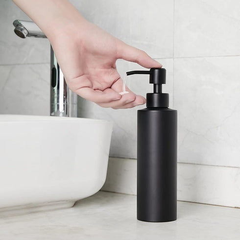 Soap Dispenser - Matte Black with Funnel and Non-Slip Coaster, 304 Stainless Steel Pump for Bathroom and Kitchen (12oz)