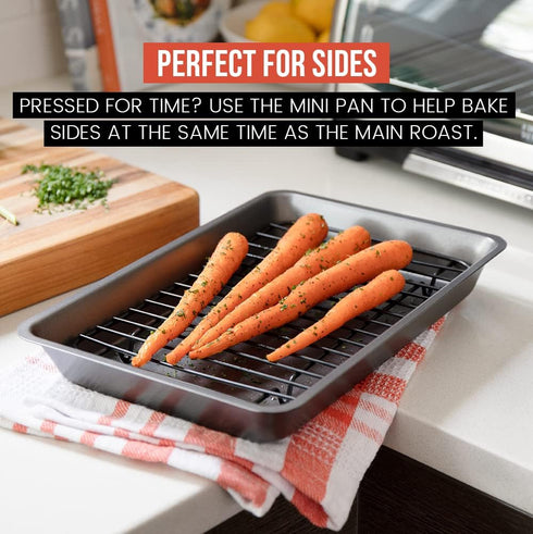 Chef Pomodoro Small Nonstick Carbon Steel Roasting Pan with Rack, Grey (Mini) for Countertop Oven Baking