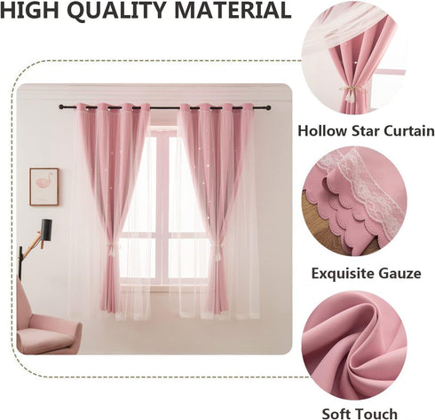 72 Inch (W52 L72 Inches2 Pink Curtains for Girls Bedroom Living Room Length Star Cut Out Double Layer Blackout Curtains