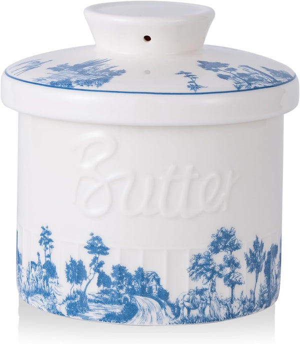 TEATALK Vintage Boho Butter Crock - French Ceramic Butter Keeper for Counter,Blue
