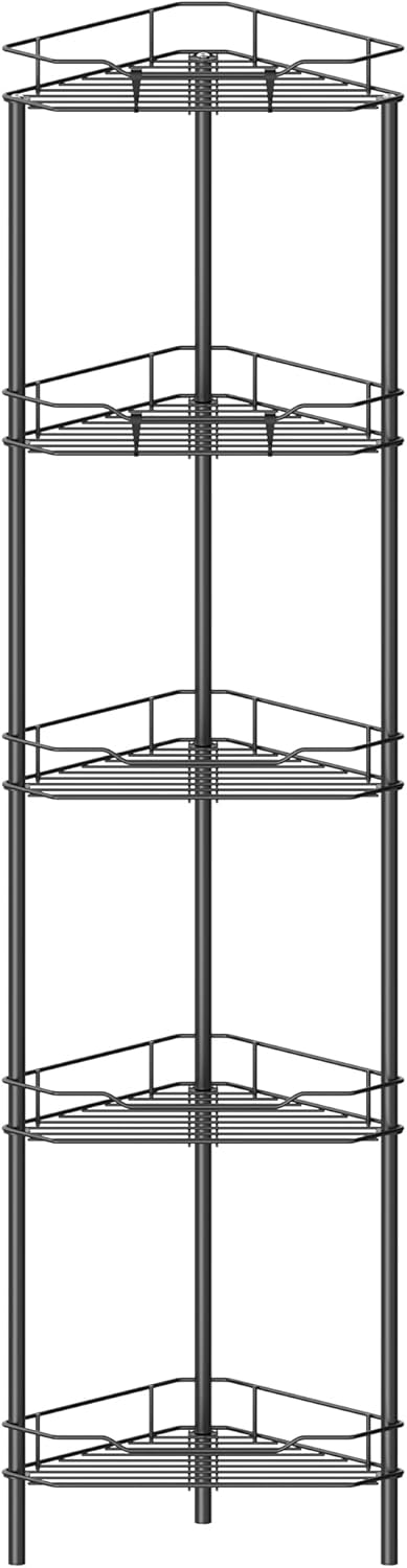HuggieGems 5 Tier Floor Standing Corner Shower Caddy Organizer Shelf with Hooks, Bathroom
