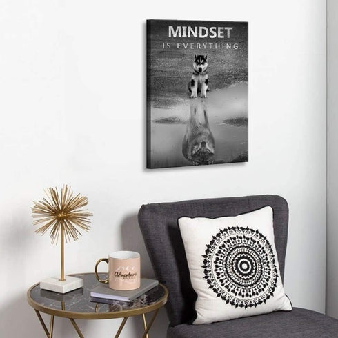 Modern Motivational Bedroom Wall Art, Mindset is Everything Inspirational Office Wolf Motto Artwork, Black and White