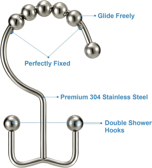 Shower Curtain Hooks Rings – TENOVEL Double Sided Rust Proof Hooks for Bathroom Shower Rods, Brushed Nickel, Set of 12