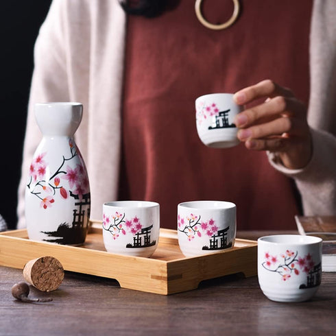 Old Craftsmen's 5 Pcs Japanese Sake Set, 200ml Sake Bottle and 50ml Cup Set, Traditional Hand Painted Design