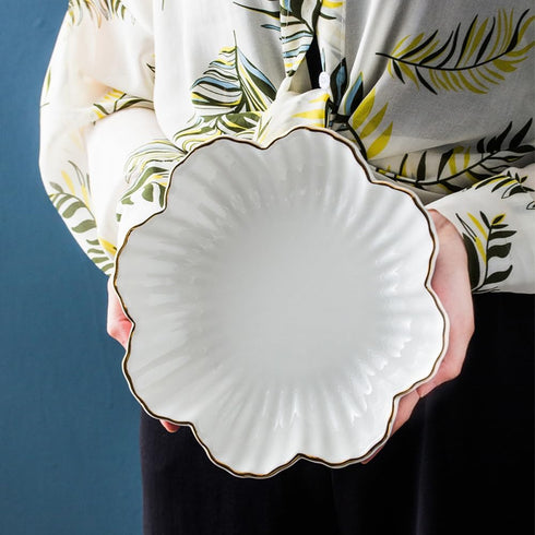 Porcelain Serving Dish, Ceramics Flower Relish Tray with Metallic Rim, 6.6 inch White