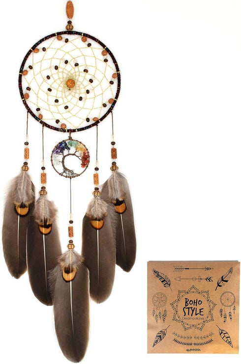 Urdeoms Tree of Life Dream Catchers for Bedroom, Adult Brown Boho Wall Decor for Girls, Chakra Crystal Healing Stones,