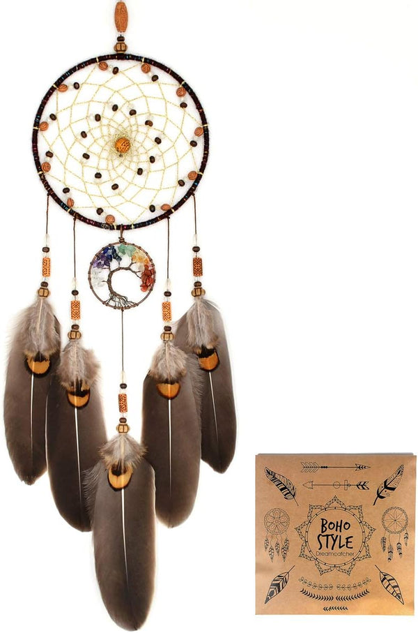 Urdeoms Tree of Life Dream Catchers for Bedroom, Adult Brown Boho Wall Decor for Girls, Chakra Crystal Healing Stones,