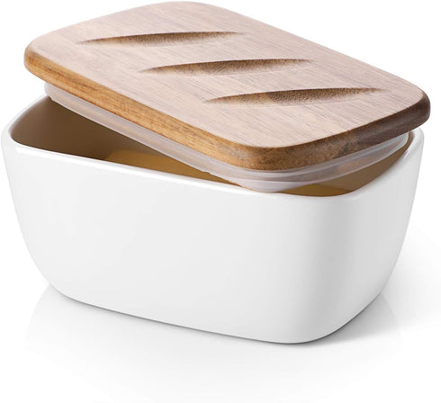 DOWAN 6.5" Large Butter Dish with Lid, Ceramic Butter Keeper Holds Up to 3 Sticks, White