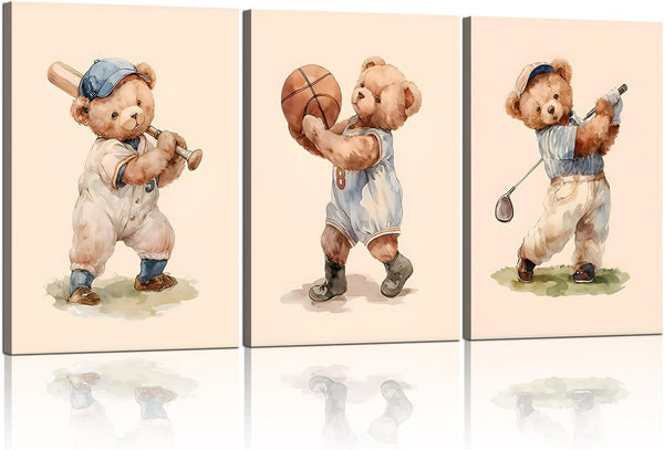 SFXYRTAH Teddy Bear Sports Nursery Animal Canvas Wall Art Cute Woodland Rugby Wall