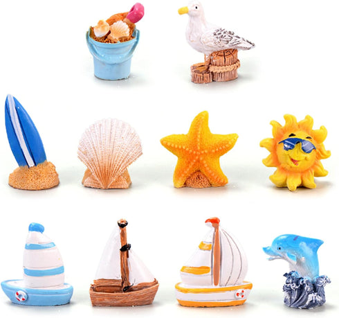 BLLREMIPSUR 10 PCS Miniature Beach Figurines - Mini Shell Dolphin Starfish Sailboat Decorations,