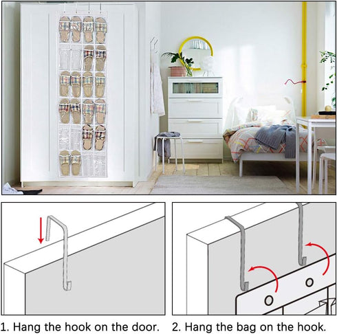 QUMENEY 24-Pocket Over-The-Door Shoe Organiser, Folding Hanging Organiser with Hooks, Heavy-Duty Hanging Mesh Holder