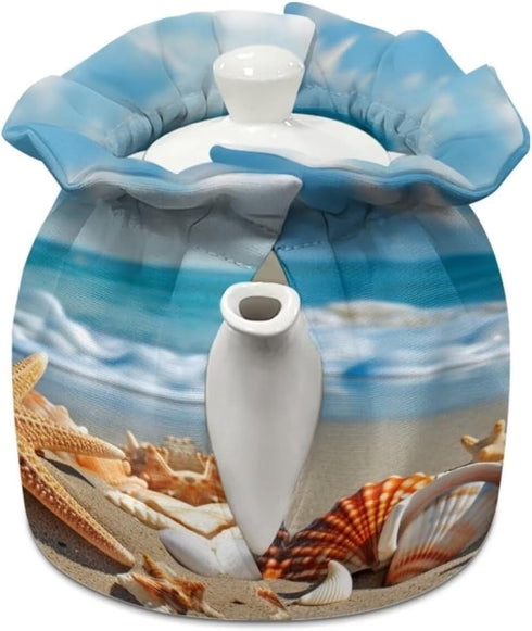 Beach Theme Tea Cozy Dust Proof Insulated Teapot Cover Keep Warm Decorative Accessories Tea Kettle Quilt for Home Kitchen Table Hotel Tea Party Restaurant
