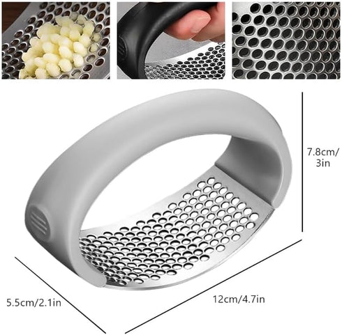 Garlic Press Rocker, Portable Manual Stainless Steel Garlic Press Rocker Crusher Masher with Garlic Peeling Drum